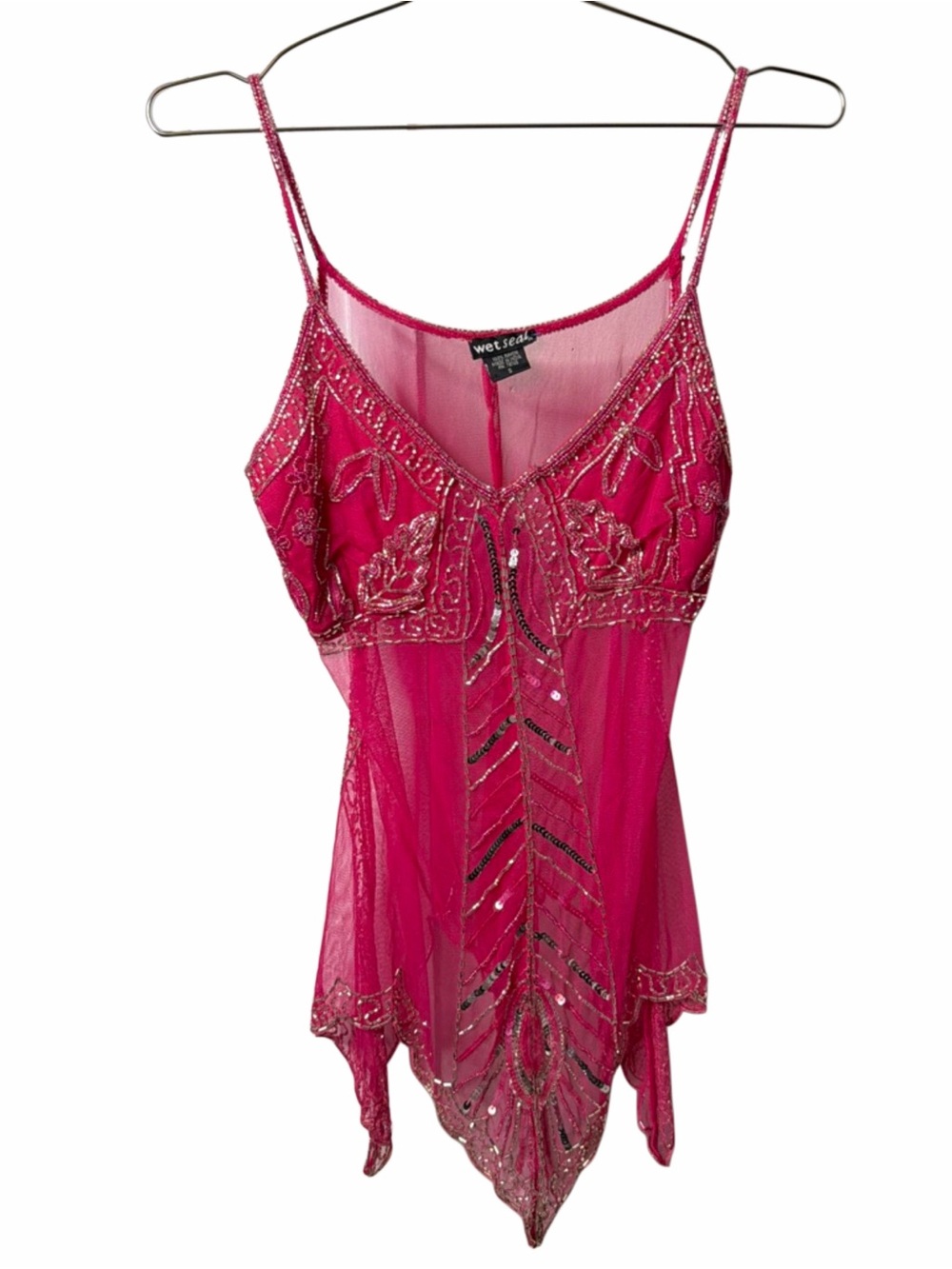 Wet Seal Fuchsia Beaded Mesh Spaghetti-Strap Cami